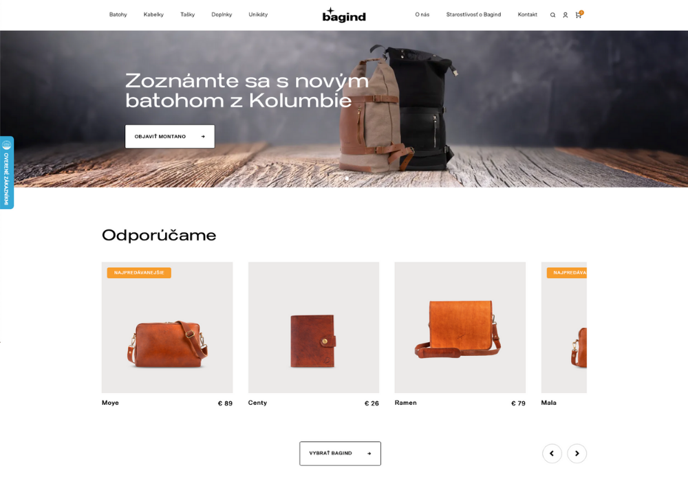 Úvodná stránka e-shopu Bagind.sk