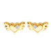 Puzetové zlaté 14K náušnice - plné symetrické srdiečko s krídlami a čírym zirkónom