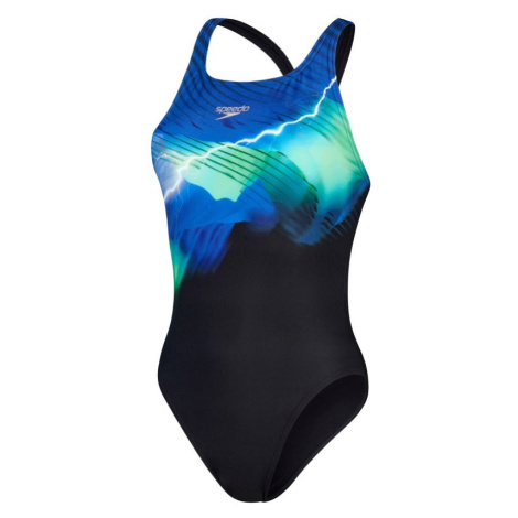 Speedo placement digital leaderback one piece black/chroma blue/fake