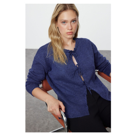 Trendyol Indigo Soft Texture Ribbon/Bow Detailed Knitwear Sweater-Cardigan