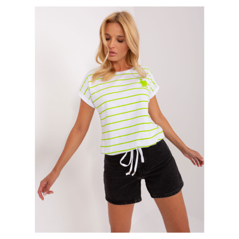 White and light green striped blouse with application