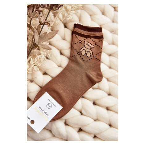 Brown patterned women's socks with teddy bear