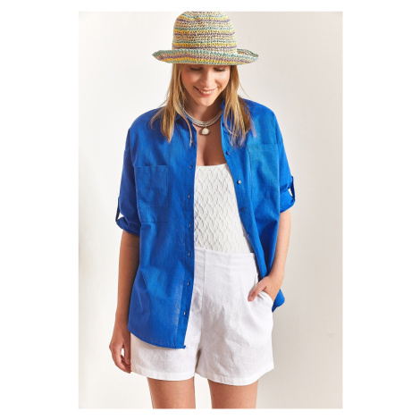 Bianco Lucci Women's Double Pocket Oversize Linen Shirt