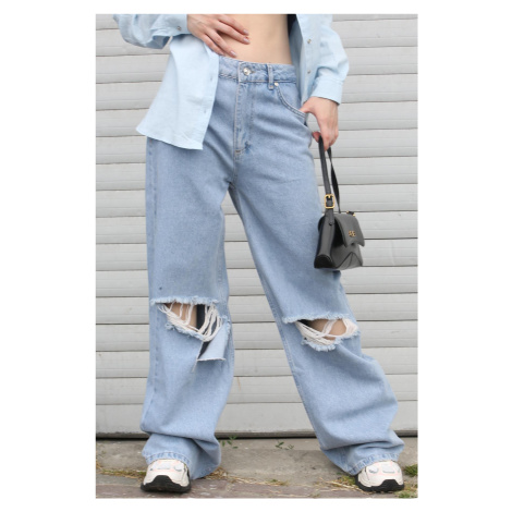 Madmext Blue Regular Fit dámske roztrhané detailné džínsy