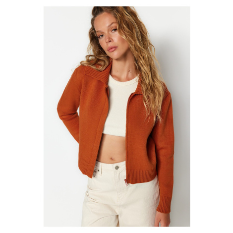 Trendyol oranžový mäkký textúrovaný pletený sveter na zips