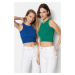 Trendyol Navy Blue-Green 2-Pack Fitted Crop Halter Collar Ribbon Knit Single Singlet