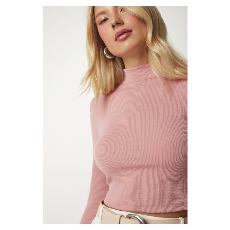 Happiness İstanbul Women's Dusty Rose High Collar Corded Camisole Crop Blouse