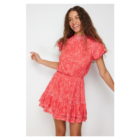 Trendyol Red Special Textured Skirt Ruffled Short Sleeve High Collar Flexible Knitted Mini Dress