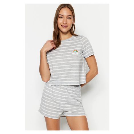 Trendyol Gray Melange Rainbow Printed T-shirt-Shorts Knitted Pajamas Set