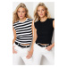 Trendyol 2-Pack Black-Multicolor Striped and Straight Ribbed Crop Moon Sleeve Elastic Knitted Bl