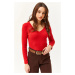 Olalook Women's Red Thick Band V-Neck Raising Blouse