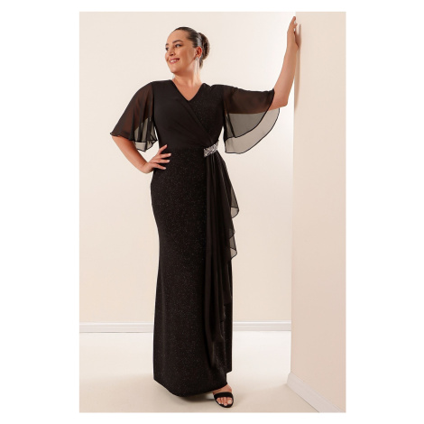 By Saygı Plus Size Glittery Long Dress with Chiffon Sleeves and Stone Accessory Lined Wide Sizes