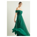 Lafaba dámsky smaragdovo zelený lodný golier zahalený dlhými trblietavými večernými šatami s roz