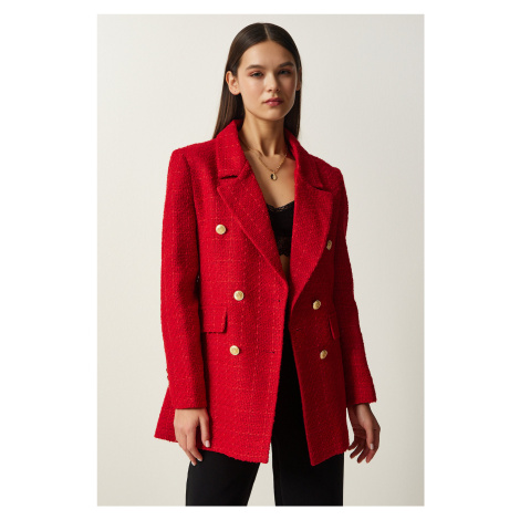 Happiness İstanbul Women's Red Button Blazer Tweed Jacket