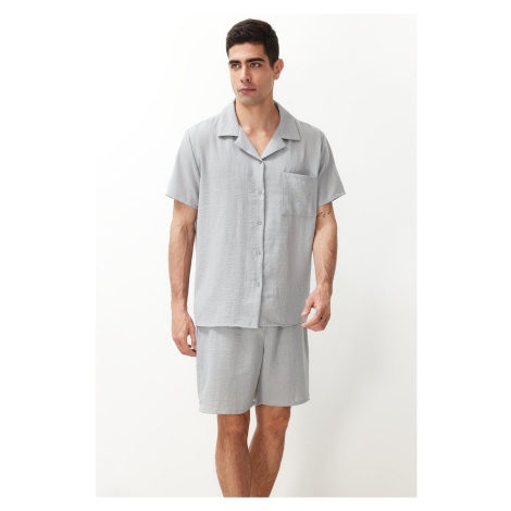 Trendyol Gray Regular Fit Shirt Collar Pajama Set with Woven Shorts