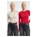 Trendyol Red-stone 2 Pack Fitted Crew Neck Ribbed Crop Stretchy Knitted Blouse