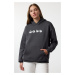 Trendyol Anthracite Oversize Pattern Embroidered Kangaroo Pocket Knitted Sweatshirt with Polar F