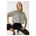 Happiness İstanbul Women's White Black Striped Oversize Crop Knitted T-Shirt