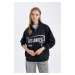 DEFACTO Women's Anthracite Loose Fit Half Zipper Stand Collar Printed Thick Fabric Sweatshirt