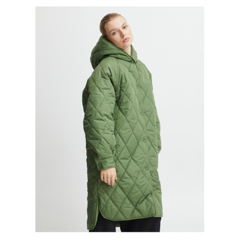 Zelený dámsky prešívaný zimný kabát s kapucňou ICHI