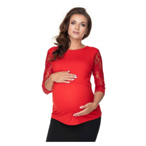 Tehotenská a dojčiaca blúzka s dlhým rukávom s čipkou v červenej farbe