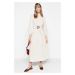 Trendyol Ecru Belted High Neck Linen Look Woven Dress