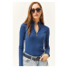 Olalook Women's Indigo Zipper Turtleneck Lycra Blouse