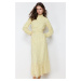 Trendyol Yellow Floral High Neck Waist Detailed Lined Chiffon Woven Dress