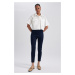 DEFACTO Cigarette Satin Pants Navy Blue Normal Waist Basic Straight Elastic Waist Straight Leg