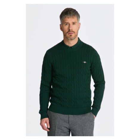 SVETER GANT COTTON CABLE C-NECK TARTAN GREEN