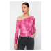 Trendyol Pink*001 Patterned Tulle Lined Asymmetrical Collar Knitted Blouse