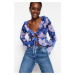 Trendyol Blue Floral Pattern Lace-Up and Ruffle Detailed Crop, Stretchy Tulle Knitted Blouse