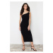 Trendyol Black Accessory Rose Detailed Gathered Body Fitted Flexible Knitted Midi Pencil Dress