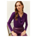 Olalook Women's Purple Waistband Pleated Turndown Collar Blouse
