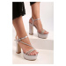 Shoeberry Women's Gilly Silver Satin Stones Platform Heels