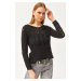 Olalook Women's Black Hair Knit Detail Seasonal Knitwear Blouse