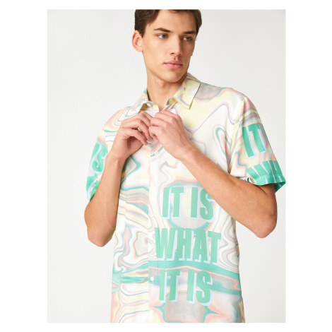 Koton Summer Shirt with an Abstract Print Slogan Detailed Classic Collar