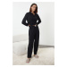 Trendyol Black Slogan Label Detailed Waffle Fabric Knitted Pajama Set