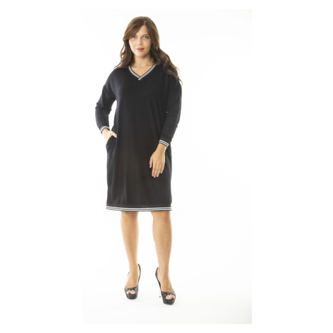 Şans Women's Plus Size Black Rib Detailed Long Sleeve Dress