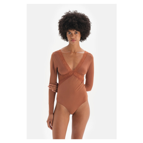 Dagi Brown Lace Detailed String Form Micro Bodysuit