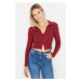 Trendyol Burgundy Button Detailed Fitted Crop Polo Neck Ribbed Flexible Knitted Blouse