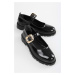 Shoeberry Women's Ophelia Black Patent Leather Daily Ballerinas with Gold Buckle