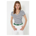 Trendyol Navy Blue Striped Premium Viscose/Soft Fabric V-Neck Fitted Stretchy Knitted Blouse