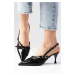 Mio Gusto Elita Black Color Patent Leather Pointed Toe Buckle Accessory Heeled Shoes