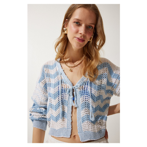 Happiness İstanbul Women's Cream Sky Blue Striped Openwork Seasonal Knitwear Cardigan