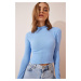 Happiness İstanbul Women's Sky Blue Corded Turtleneck Crop Knitted Blouse