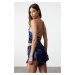 Trendyol Navy Blue Ruffle and Back Rope Strap Satin Woven Pajama Set