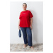 Trendyol Curve Red Slogan Printed Oversize Knitted T-shirt