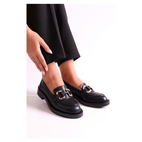 Shoeberry Women's Solea Black Skin Buckle Loafer Black Skin