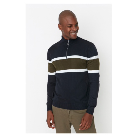 Trendyol Navy Blue Slim Fit Half Turtleneck Color Block Knitwear Sweater